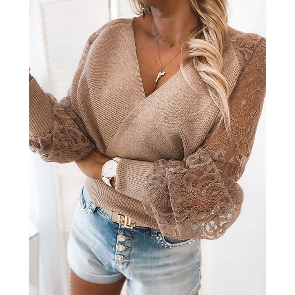 Hygci - Women Fashion Mesh Lace Long Sleeve Sweaters